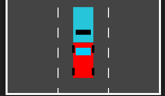 Man sieht drei Fahrspuren und mehrere Autos im Stil eines alten Computerspieles